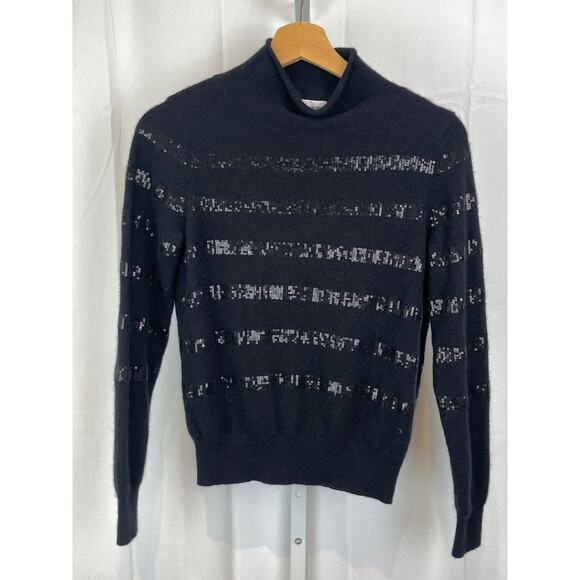 WHITE + WARREN 100% Cashmere Sequin Stripe Sweater Mock Neck Black Size XS - Picture 10 of 10